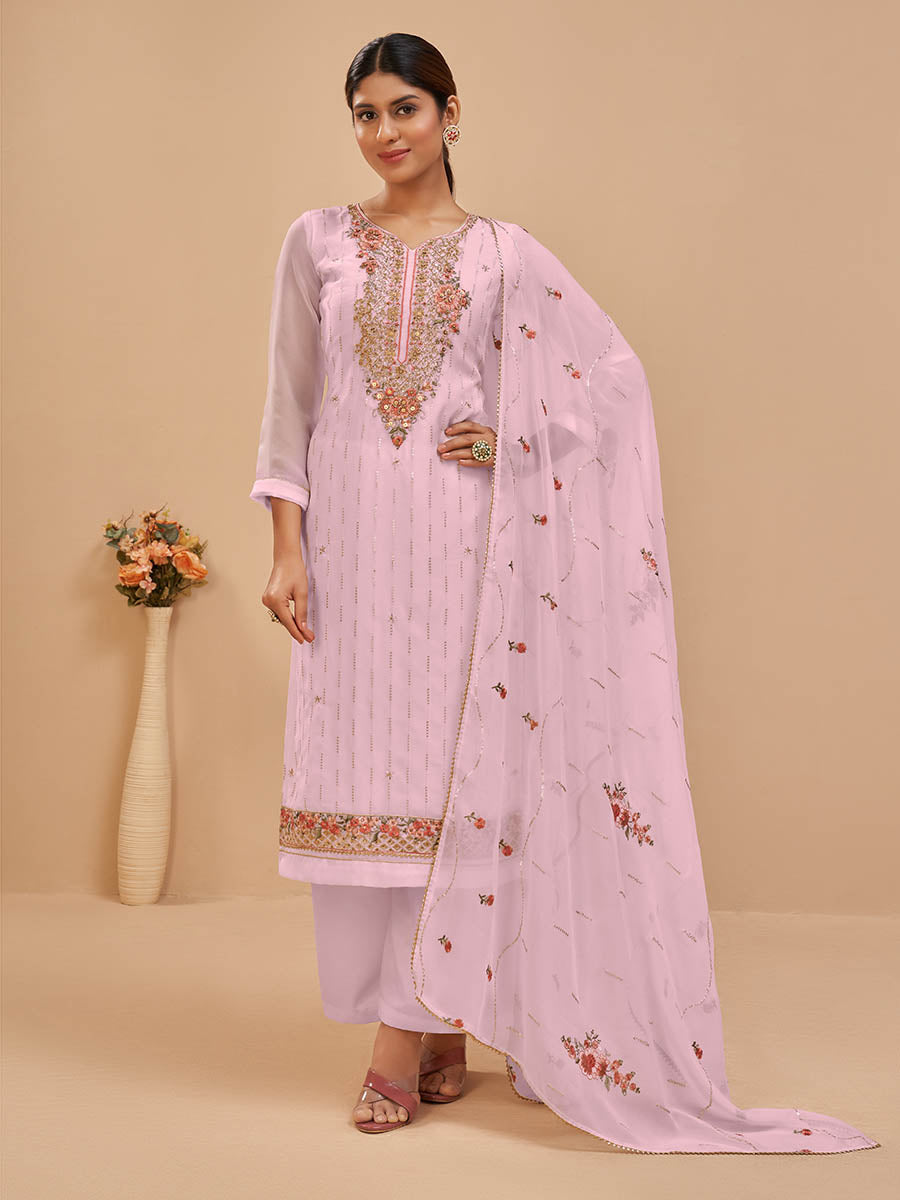 Myra Light Pink Pure Georgette Embroidered Suit