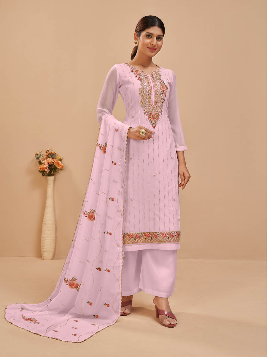 Myra Light Pink Pure Georgette Embroidered Suit