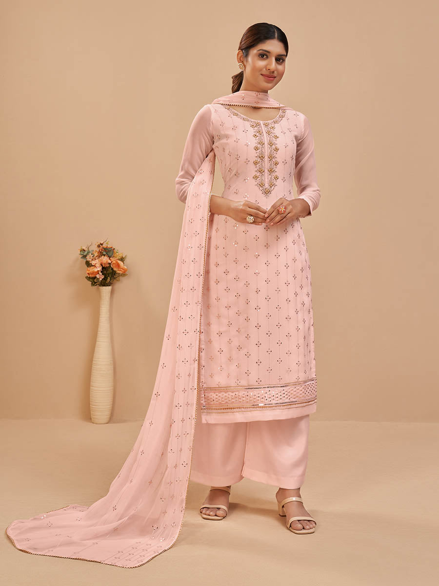 Myra Peach Pure Georgette Embroidered Suit