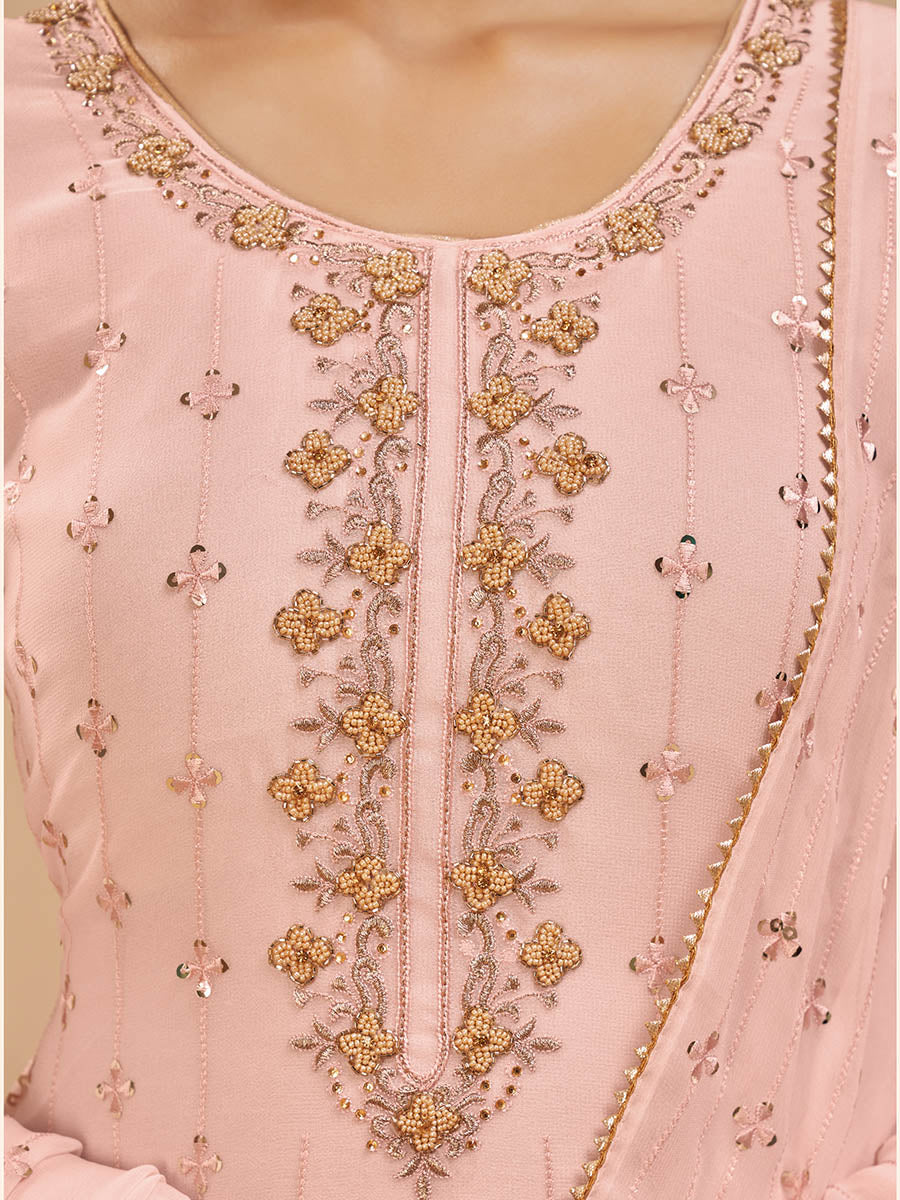 Myra Peach Pure Georgette Embroidered Suit