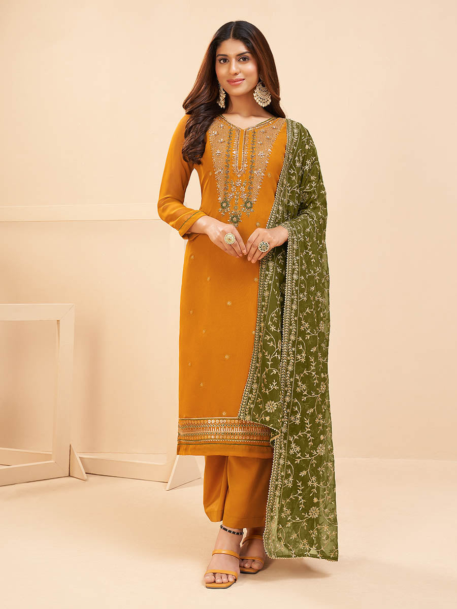 Myra Mustard Yellow Georgette Embroidered Palazzo Suit