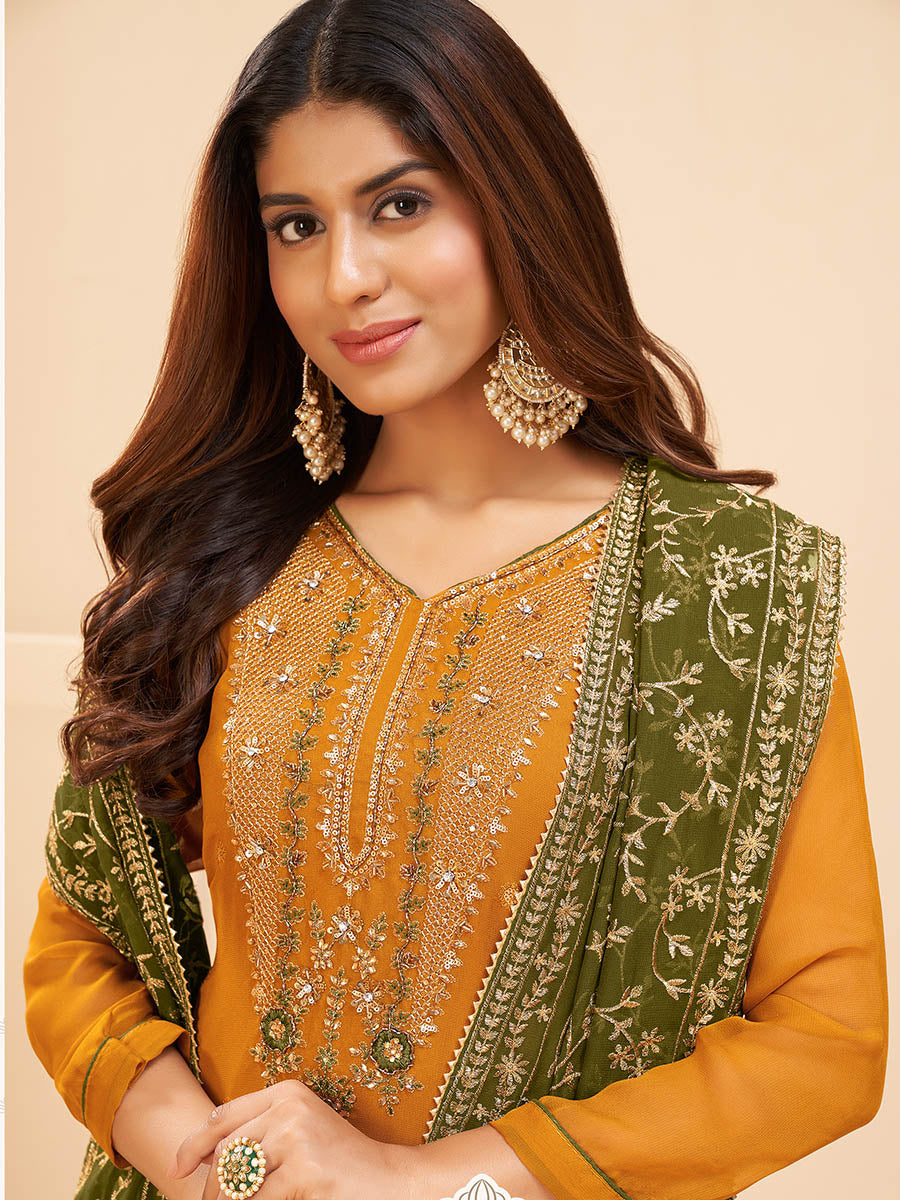 Myra Mustard Yellow Georgette Embroidered Palazzo Suit