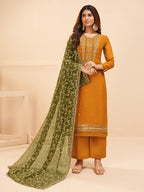 Myra Mustard Yellow Georgette Embroidered Palazzo Suit