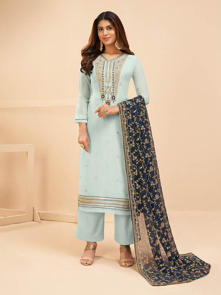 Myra Light Blue Georgette Embroidered Palazzo Suit