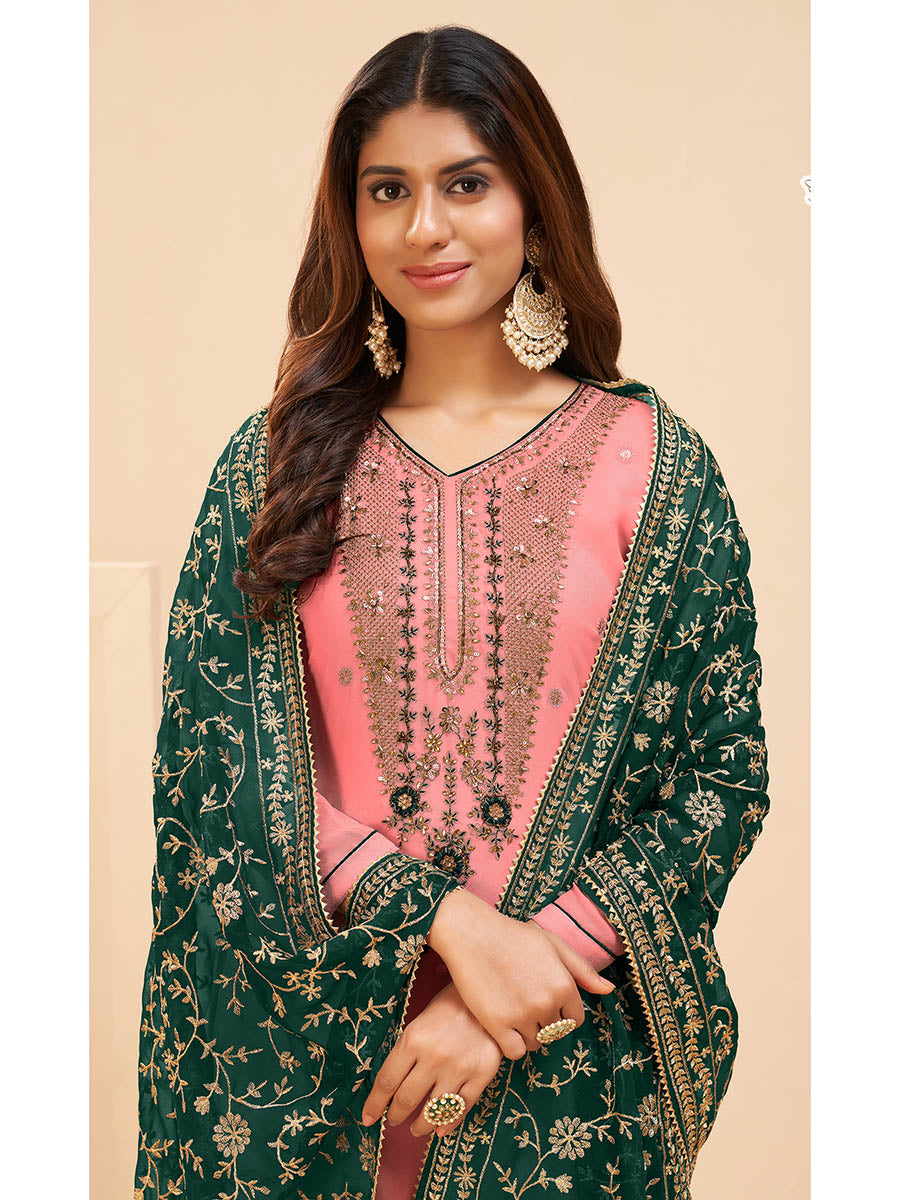 Myra Peach Georgette Embroidered Palazzo Suit - Distacart