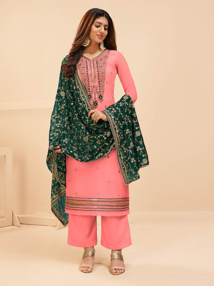Myra Peach Georgette Embroidered Palazzo Suit - Distacart