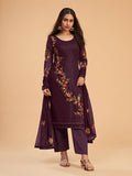 Myra Wine Georgette Embroidered Pant Style Suit