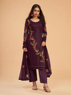 Myra Wine Georgette Embroidered Pant Style Suit