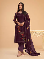 Myra Wine Georgette Embroidered Pant Style Suit