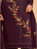 Myra Wine Georgette Embroidered Pant Style Suit