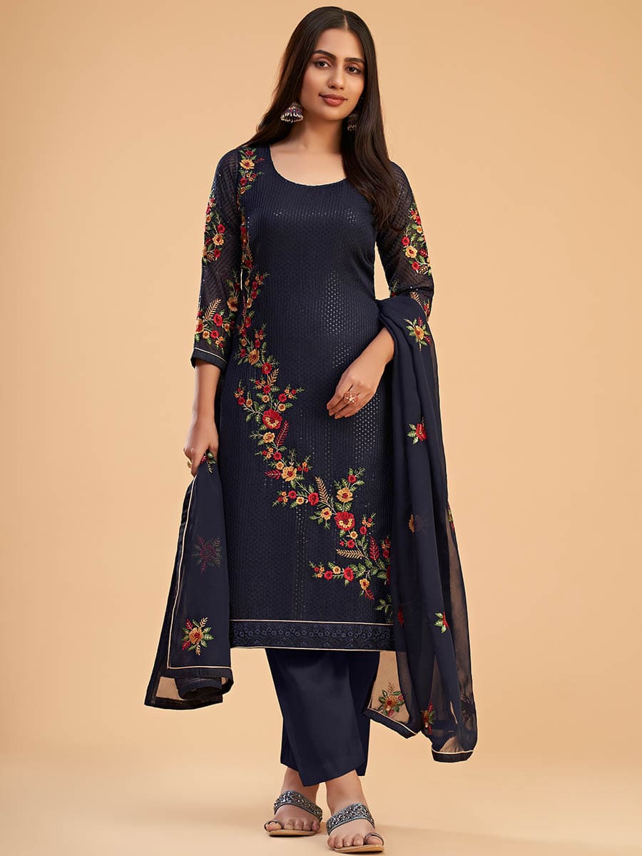 Myra Navy Blue Georgette Embroidered Pant Style Suit
