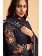 Myra Navy Blue Georgette Embroidered Pant Style Suit