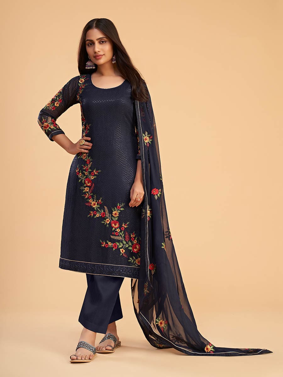 Myra Navy Blue Georgette Embroidered Pant Style Suit