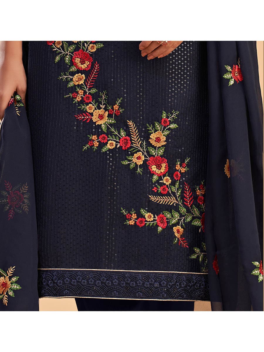 Myra Navy Blue Georgette Embroidered Pant Style Suit