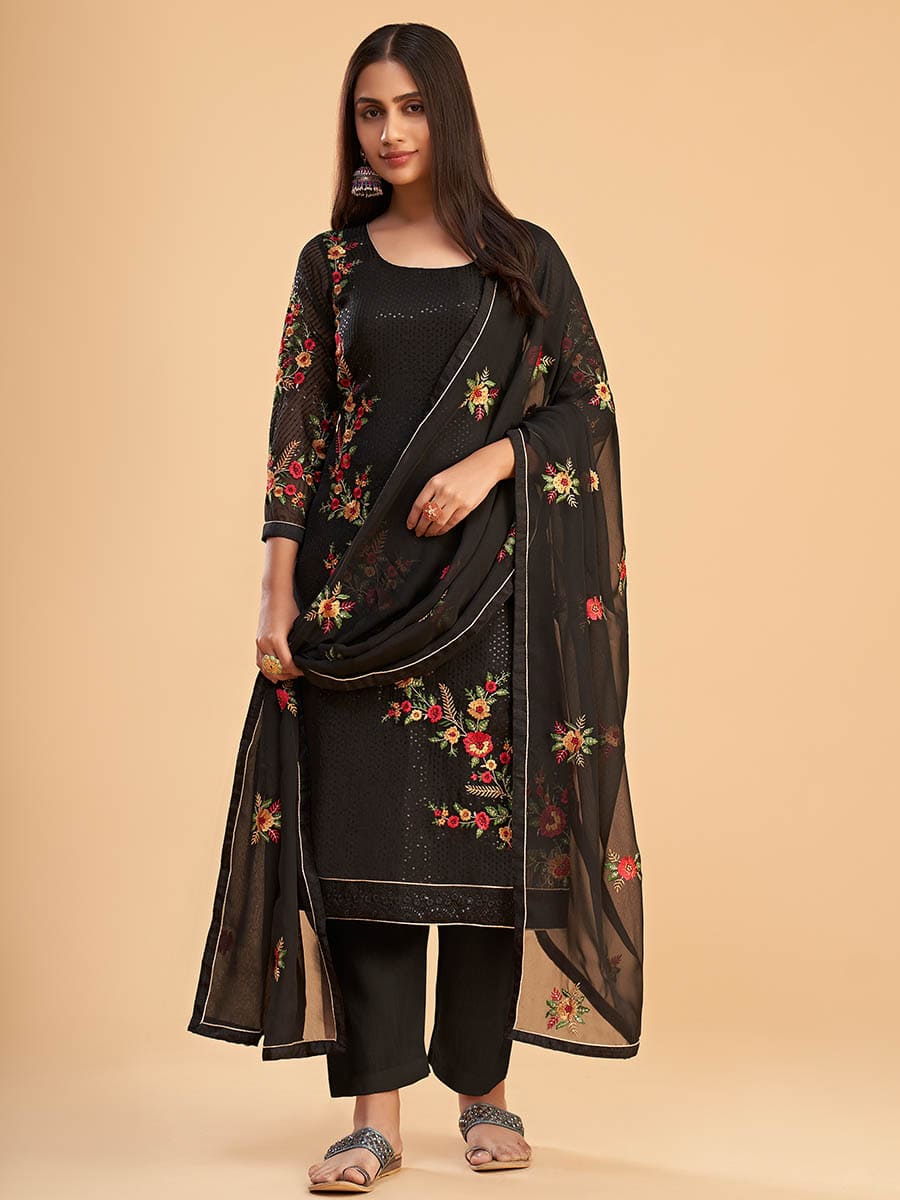 Myra Black Georgette Embroidered Pant Style Suit