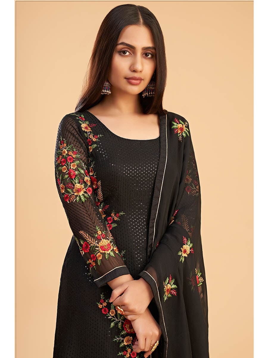 Myra Black Georgette Embroidered Pant Style Suit
