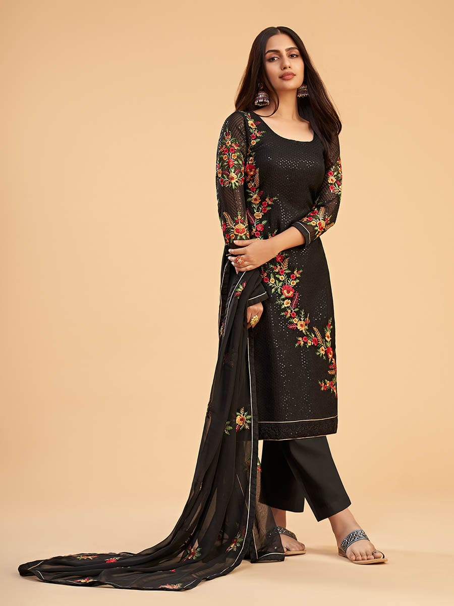 Myra Black Georgette Embroidered Pant Style Suit