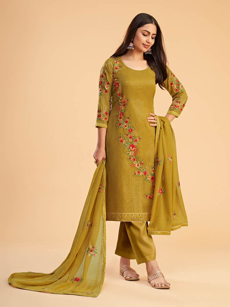 Myra Mustard Yellow Georgette Embroidered Pant Style Suit