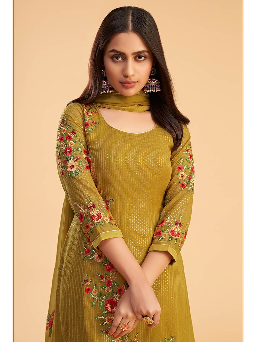 Myra Mustard Yellow Georgette Embroidered Pant Style Suit
