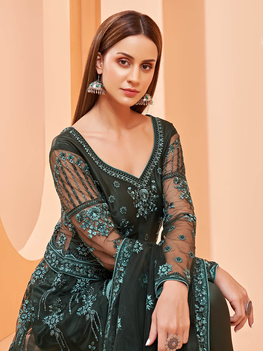 Myra Dark Green Butterfly Net Embroidery Anarkali
