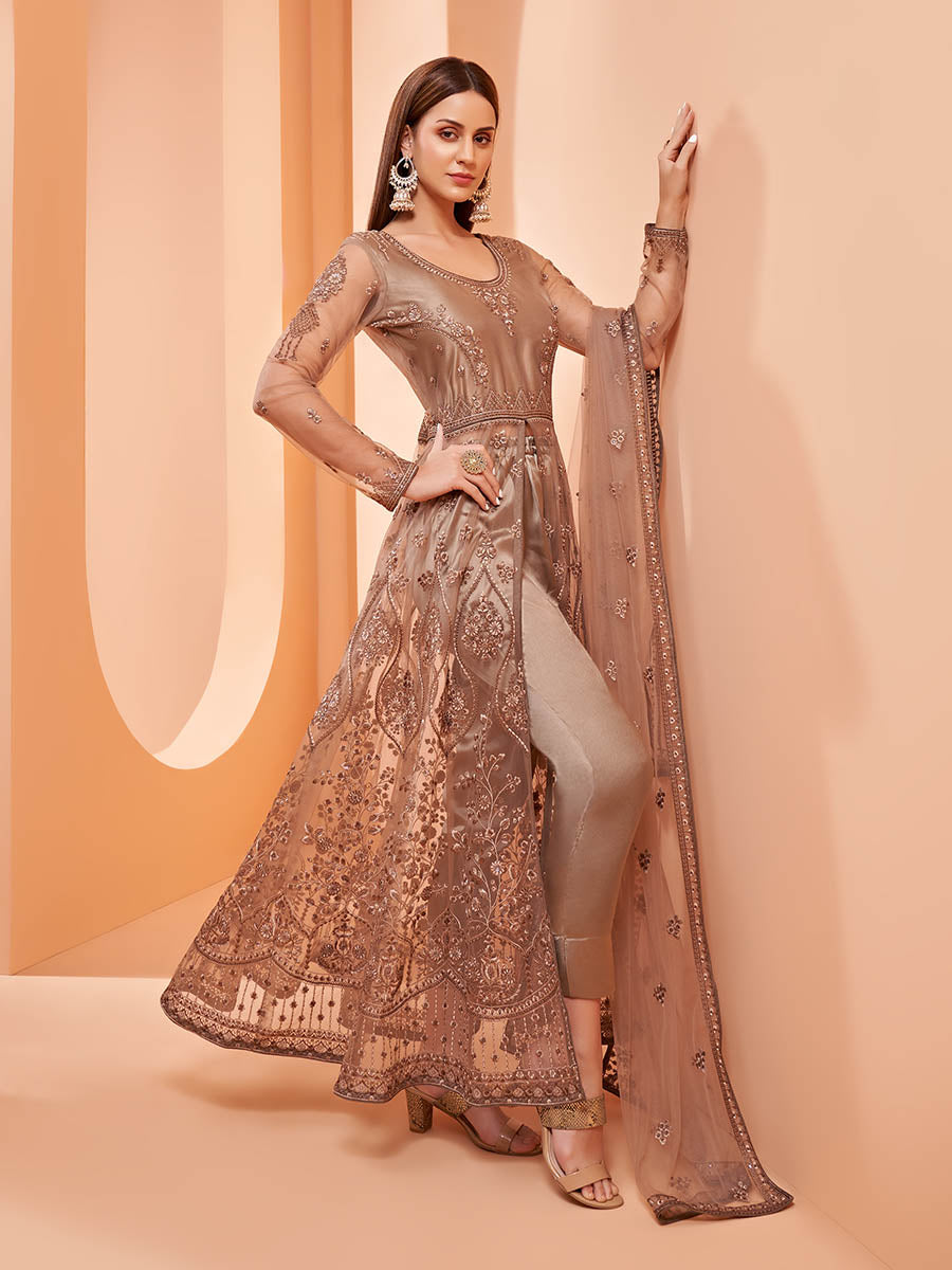 Myra Brown Butterfly Net Embroidery Anarkali