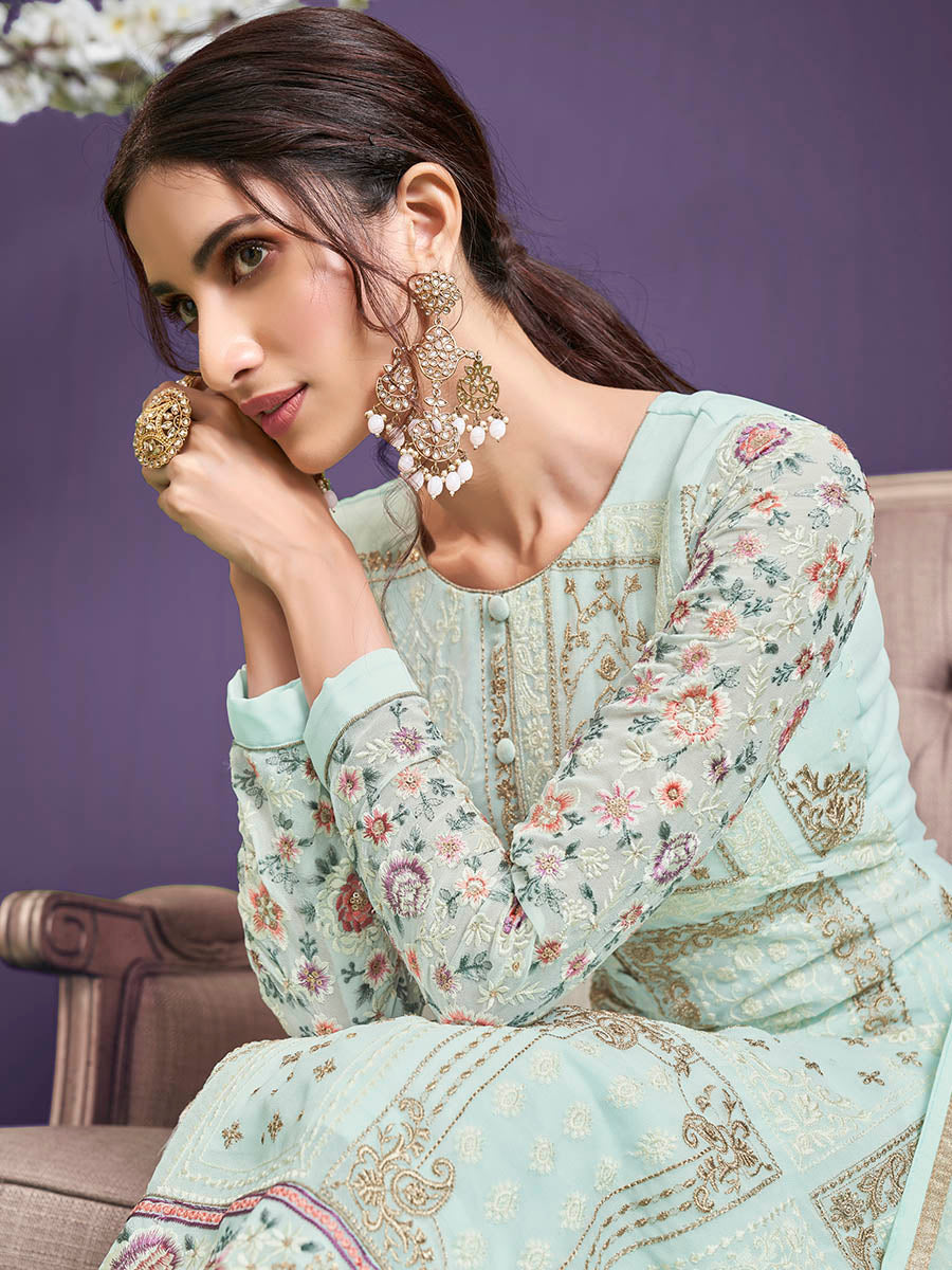 Myra Sea Green Floral Thread Embroidered Palazo Suit