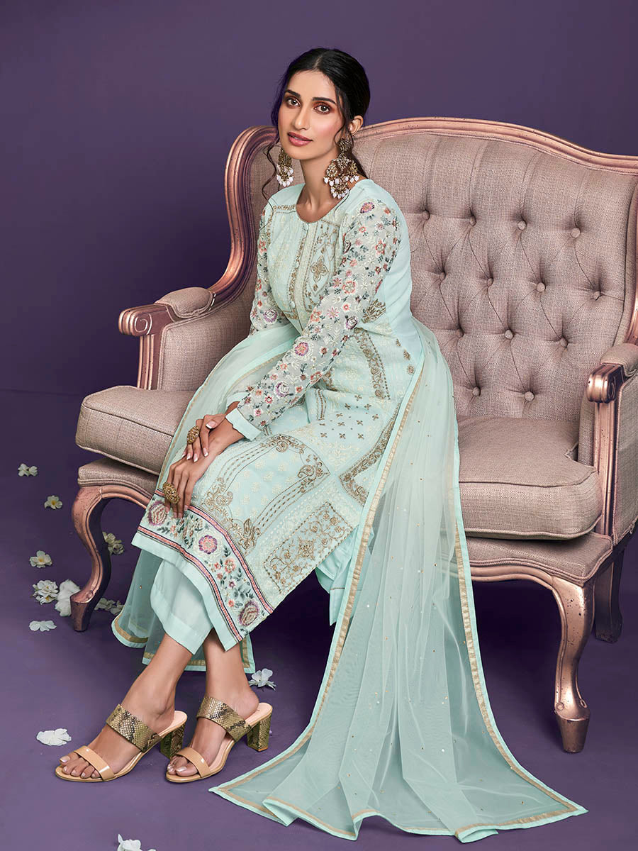 Myra Sea Green Floral Thread Embroidered Palazo Suit