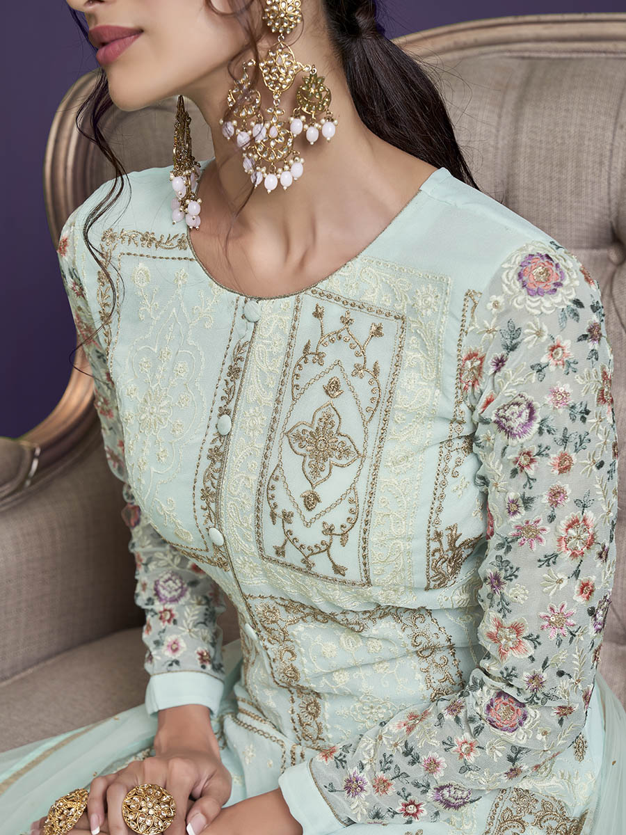 Myra Sea Green Floral Thread Embroidered Palazo Suit