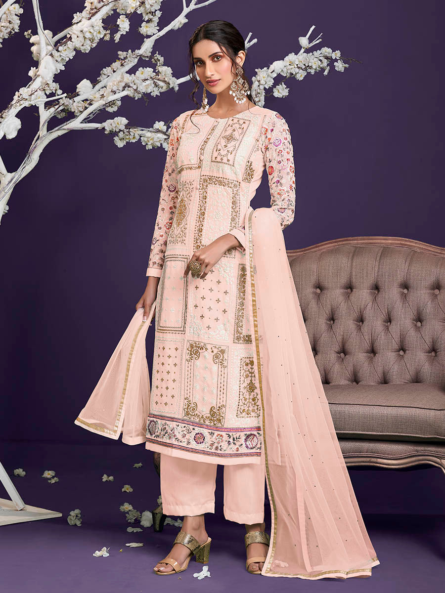 Myra Light Peach Floral Thread Embroidered Palazo Suit