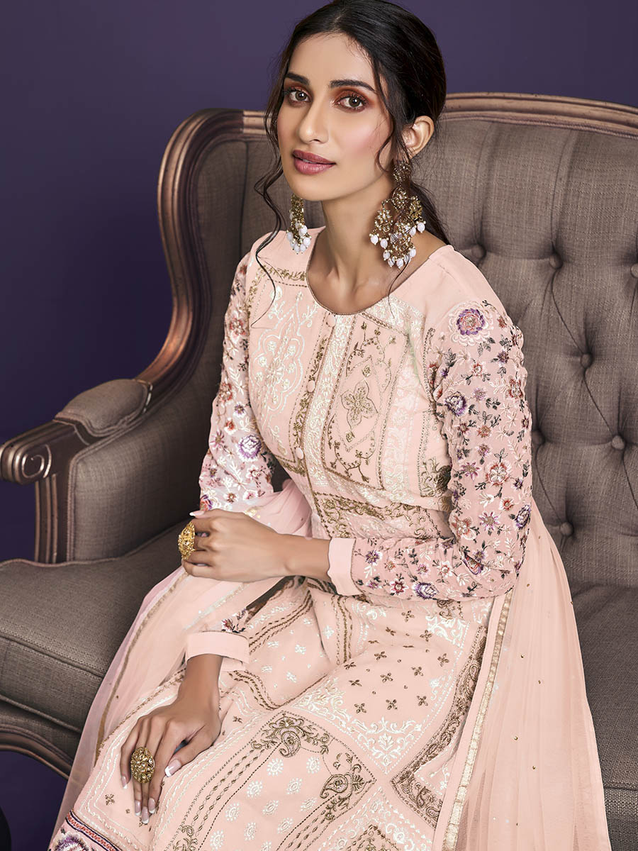 Myra Light Peach Floral Thread Embroidered Palazo Suit