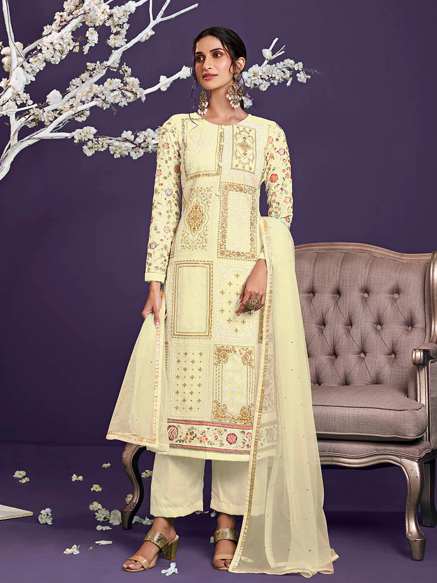 Myra Light Yellow Floral Thread Embroidered Palazo Suit