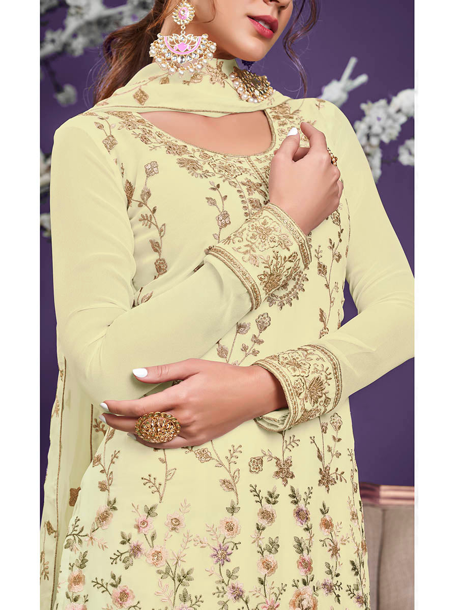 Myra Light Yellow Floral Thread Embroidered Palazo Suit