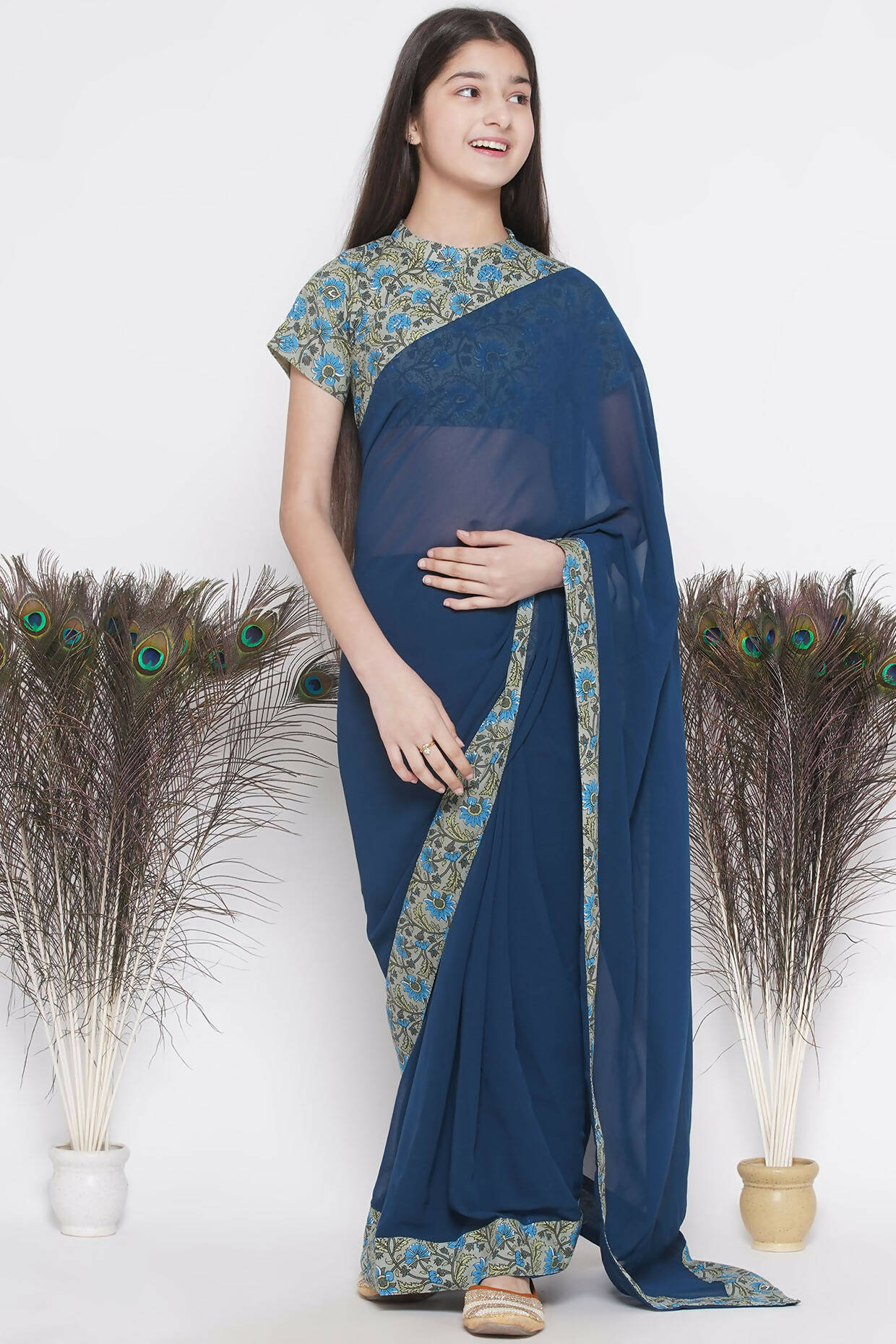 Little Bansi Floral Print Ready To Wear Saree And Floral Blouse - Blue