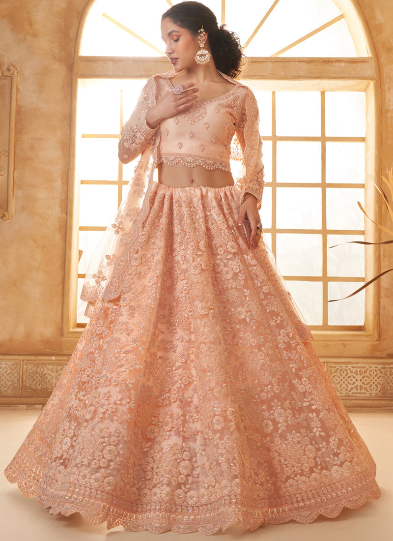 Vegaa Fashion Cream Net Thread Work Wedding Lehenga