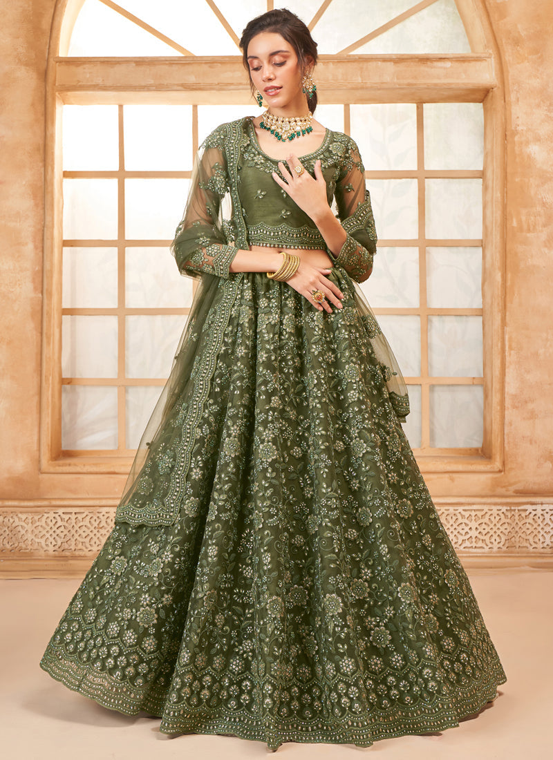 Vegaa Fashion Mehendi Net Thread Work Wedding Lehenga