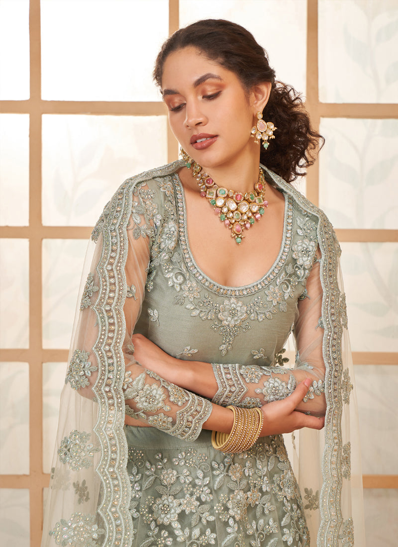 Vegaa Fashion Grey Net Thread Work Wedding Lehenga