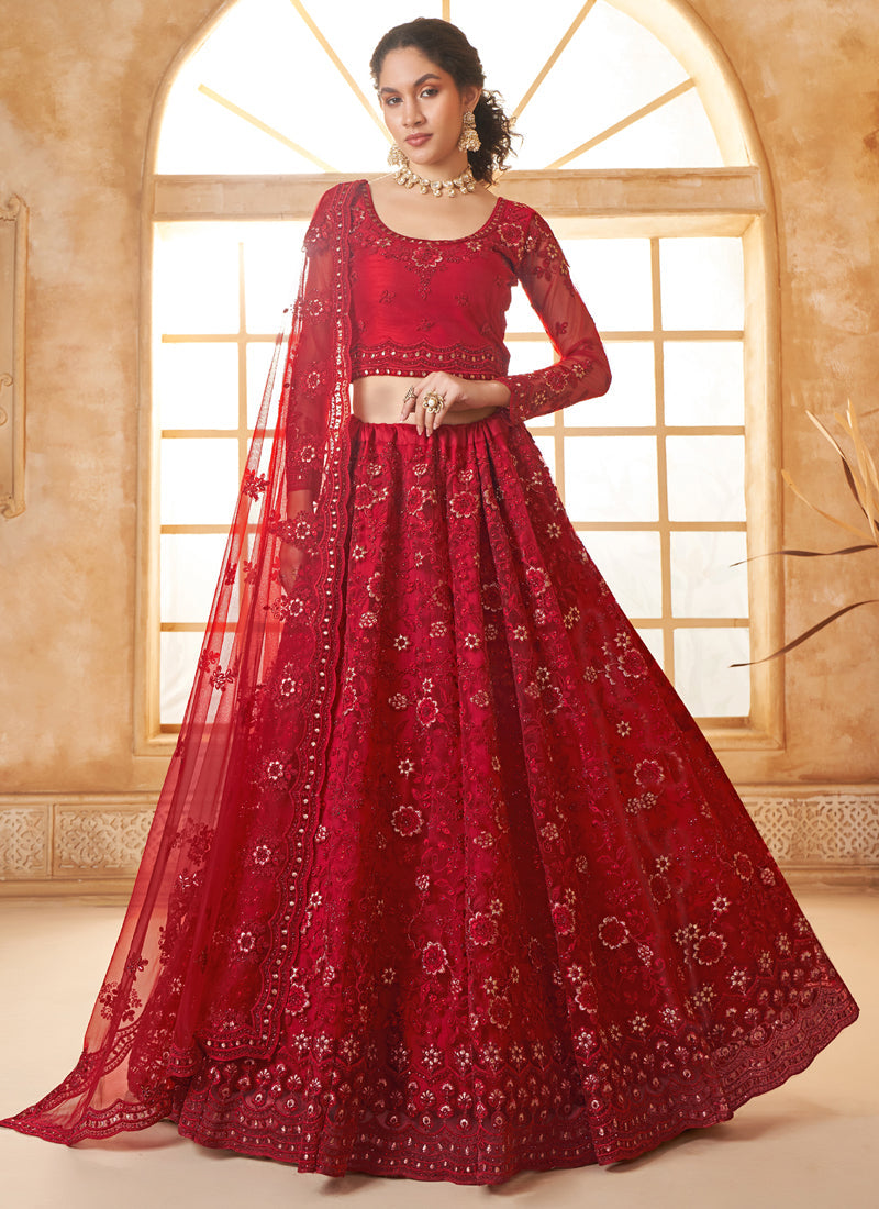 Vegaa Fashion Red Net Thread Work Wedding Lehenga