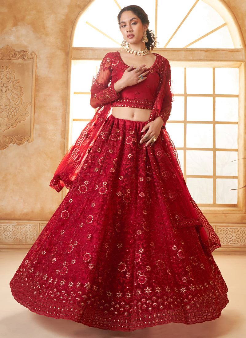 Vegaa Fashion Red Net Thread Work Wedding Lehenga