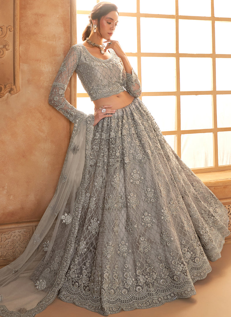 Vegaa Fashion Grey Net Thread Work Wedding Lehenga