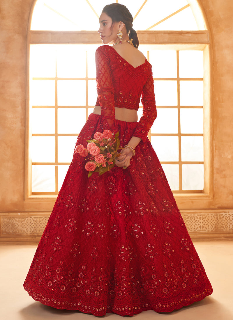 Vegaa Fashion Red Net Thread Work Wedding Lehenga