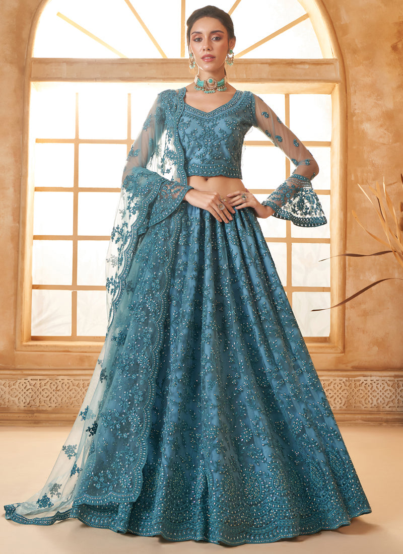 Vegaa Fashion Aqua Blue Net Thread Work Wedding Lehenga