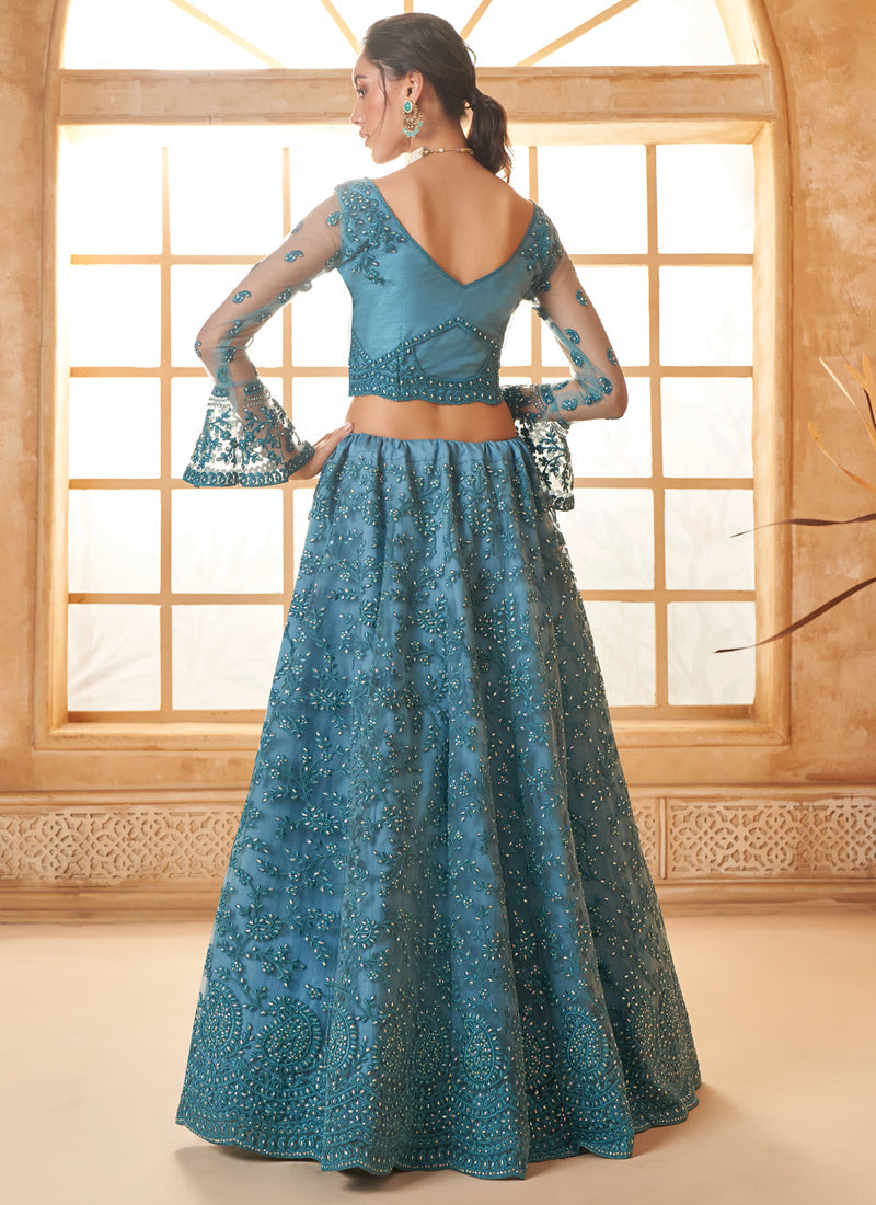 Vegaa Fashion Aqua Blue Net Thread Work Wedding Lehenga