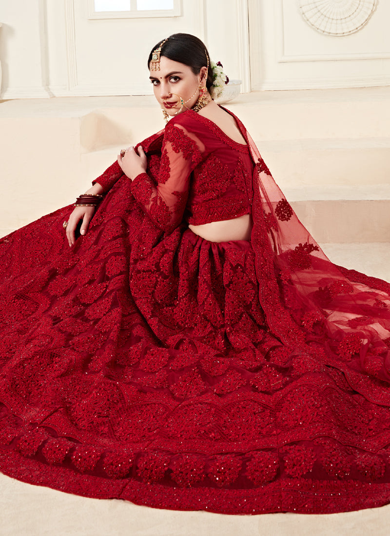 Vegaa Fashion Red Net Embroidered Stonework Wedding Lehenga