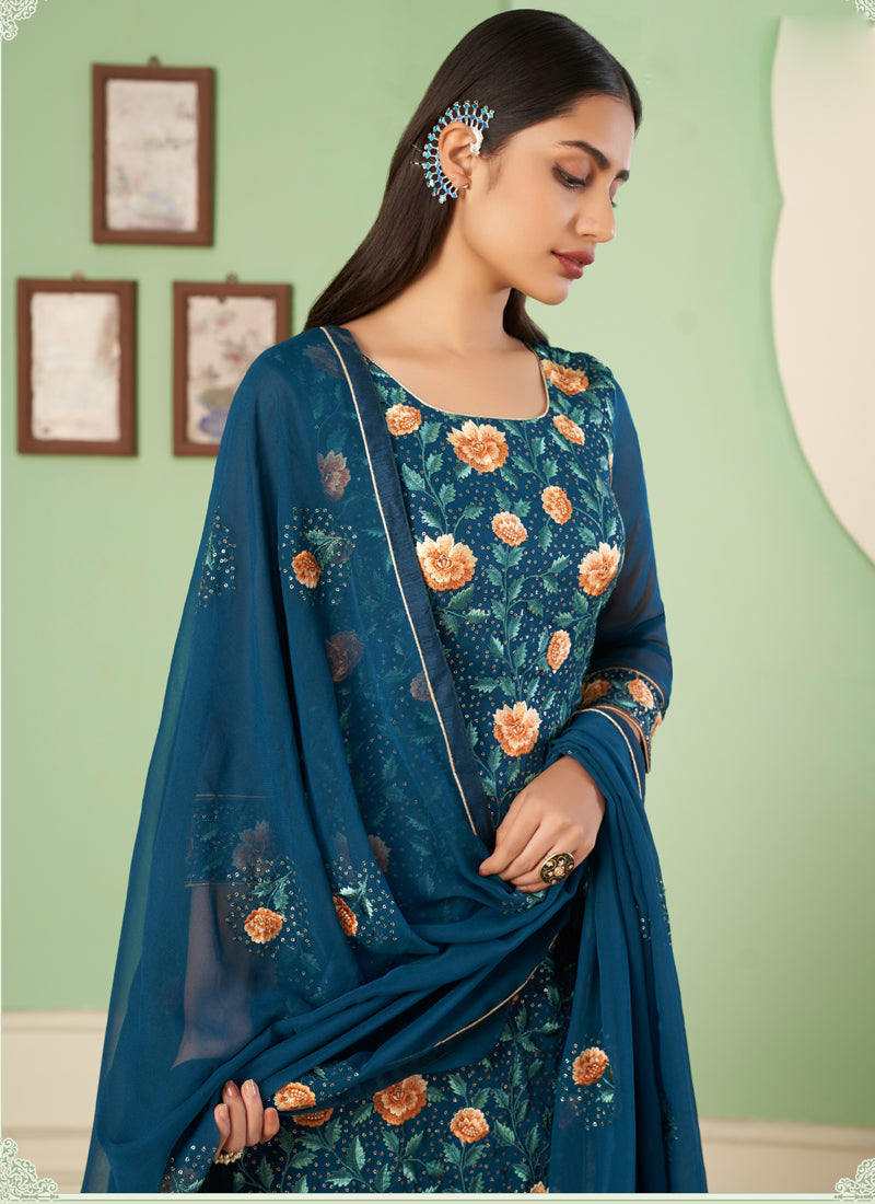 Vegaa Fashion Aqua Blue Georgette Embroidery Designer Sharara Suit - Distacart