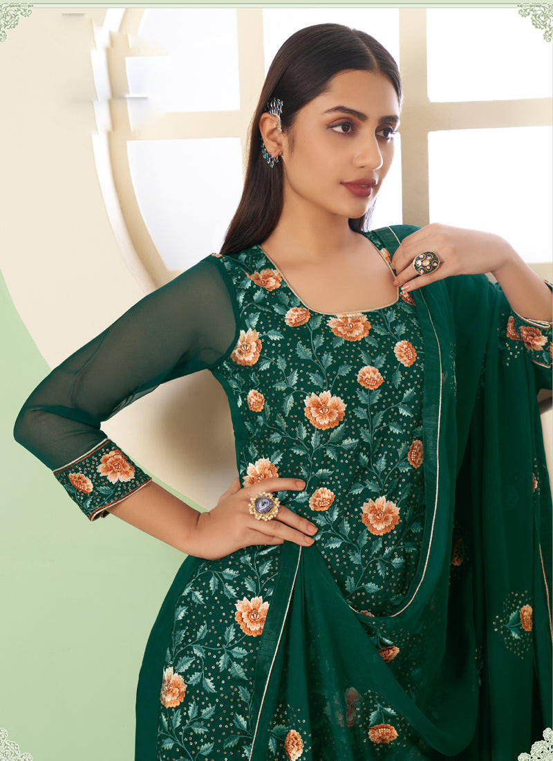 Vegaa Fashion Green Georgette Embroidery Designer Sharara Suit - Distacart