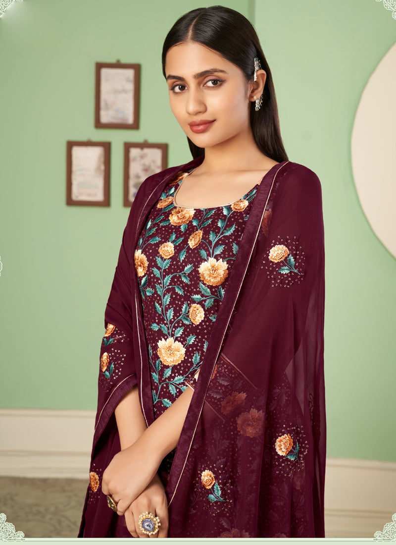 Vegaa Fashion Maroon Georgette Embroidery Designer Sharara Suit - Distacart