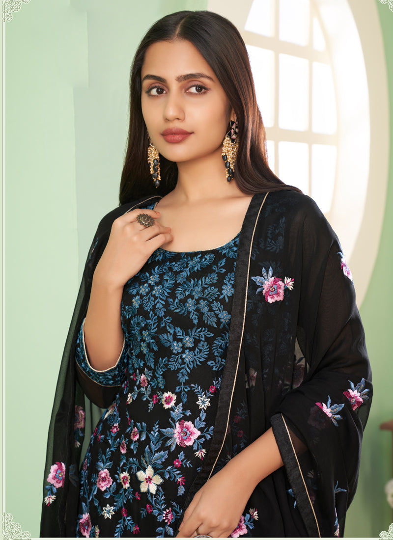 Vegaa Fashion Black Georgette Embroidery Designer Sharara Suit - Distacart