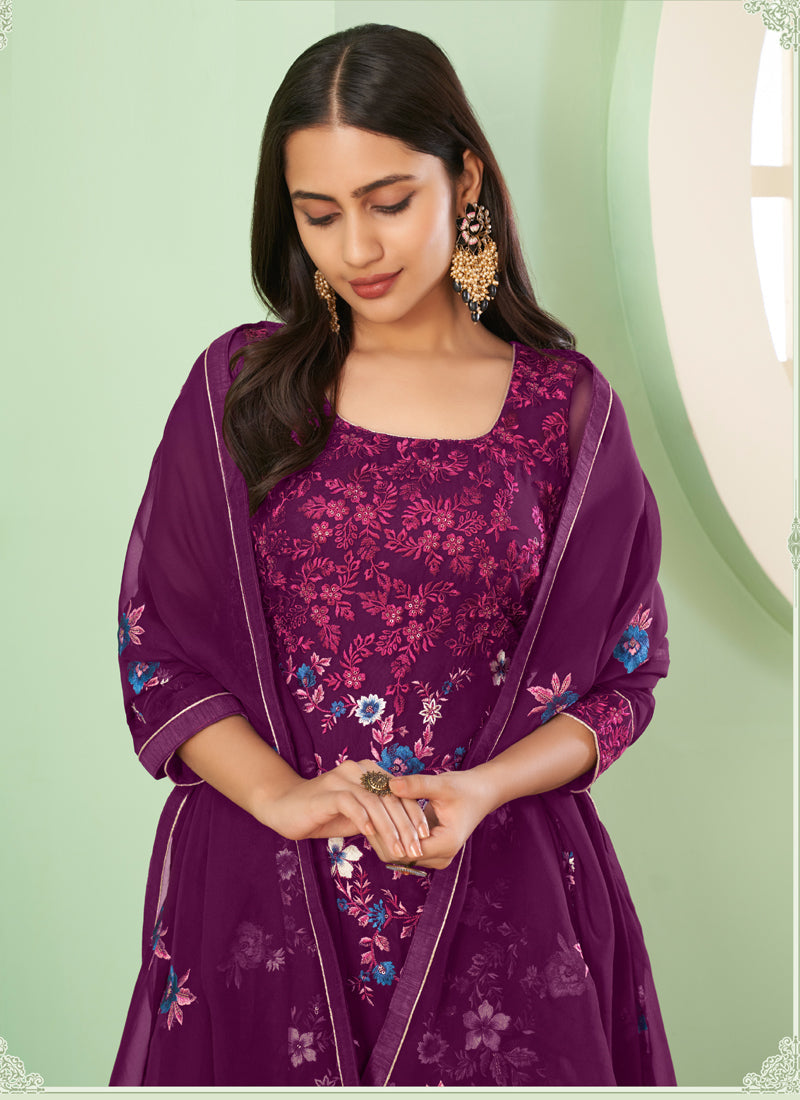 Vegaa Fashion Violet Georgette Embroidery Designer Sharara Suit - Distacart