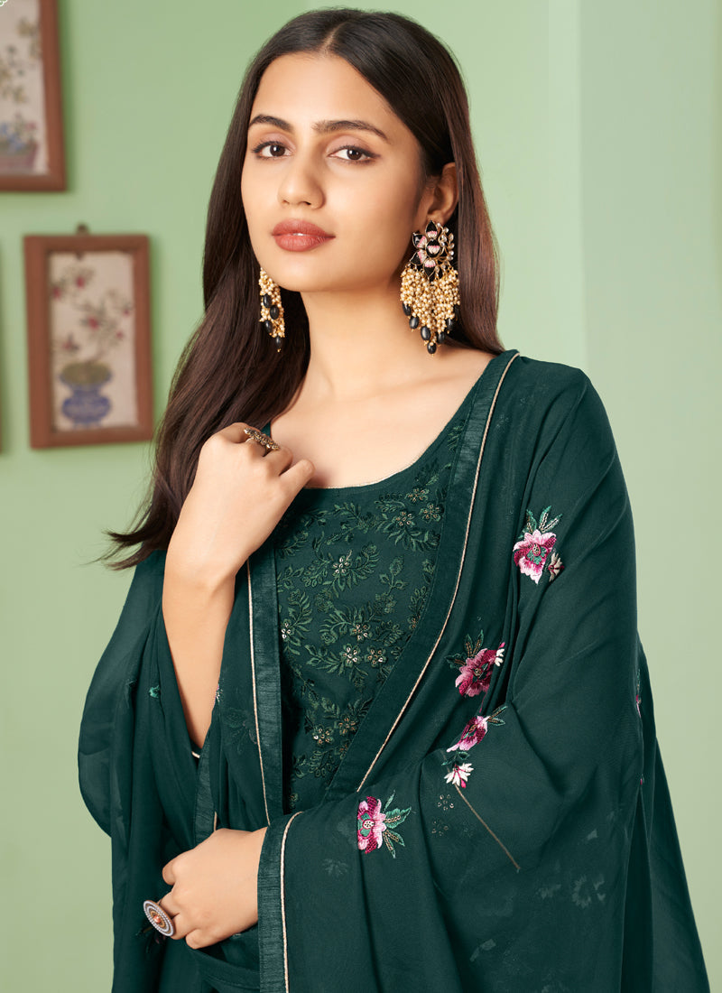 Vegaa Fashion Dark Green Georgette Embroidery Designer Sharara Suit - Distacart