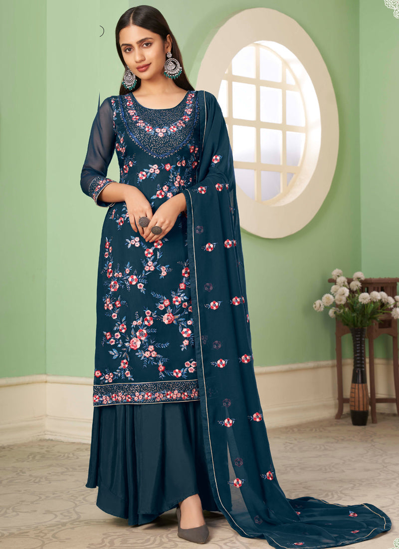 Vegaa Fashion Blue Georgette Embroidery Designer Sharara Suit - Distacart